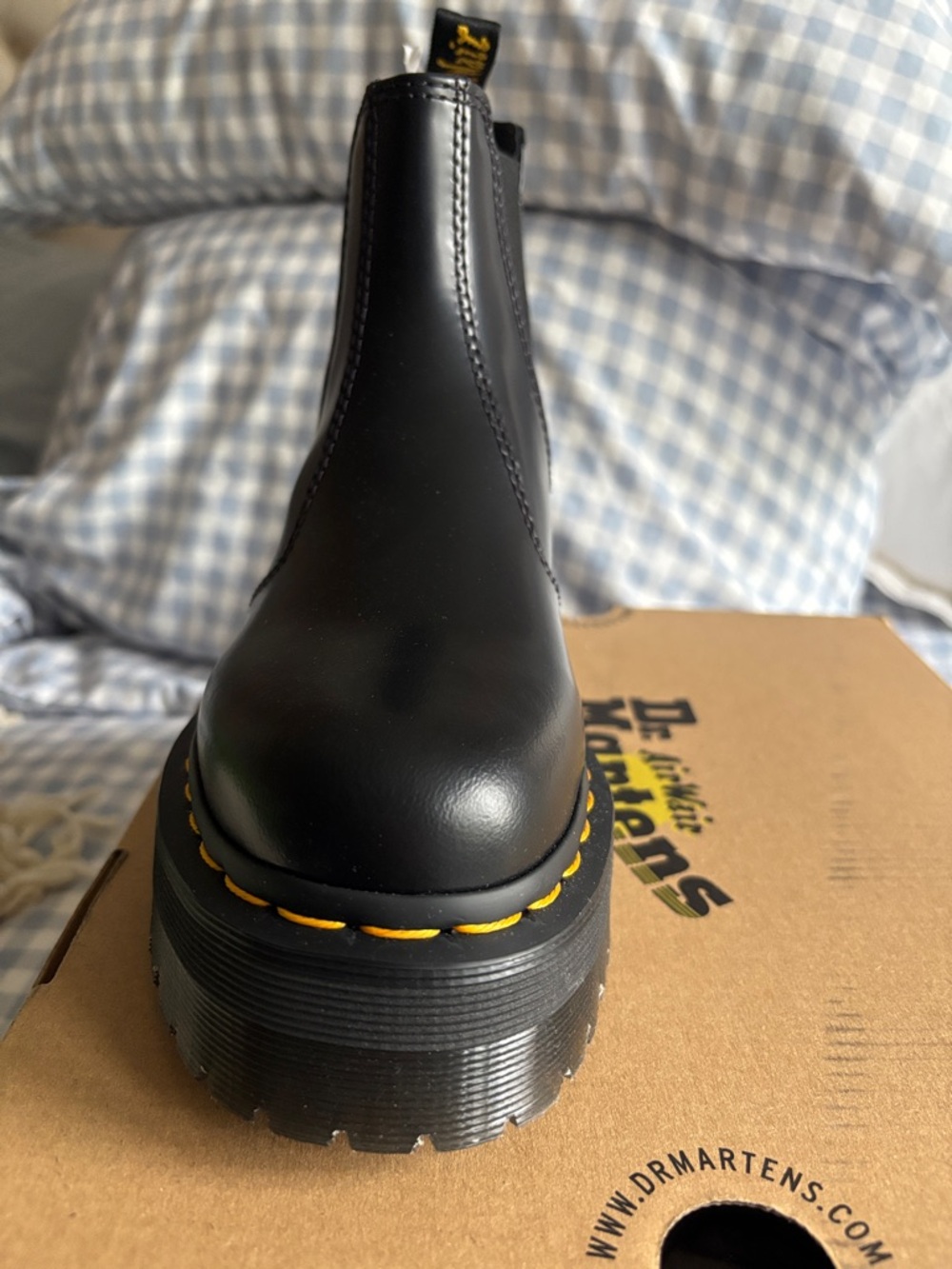 Dr. Martens Black Leather Platform Chelsea Boot with Yellow Stitching Accent
